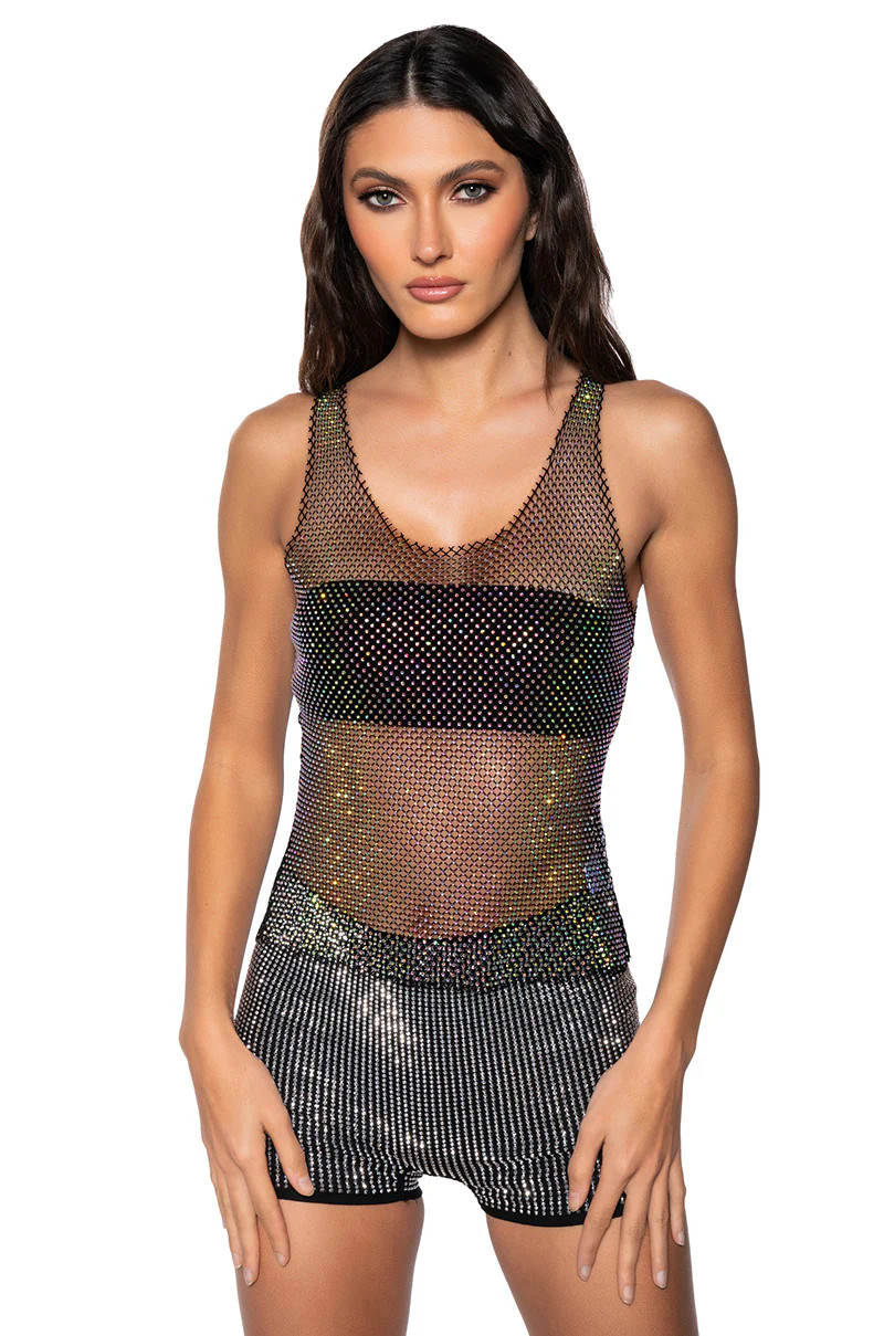 ANGEL SLEEVELESS RHINESTONE MESH TOP IN BLACK | AKIRA