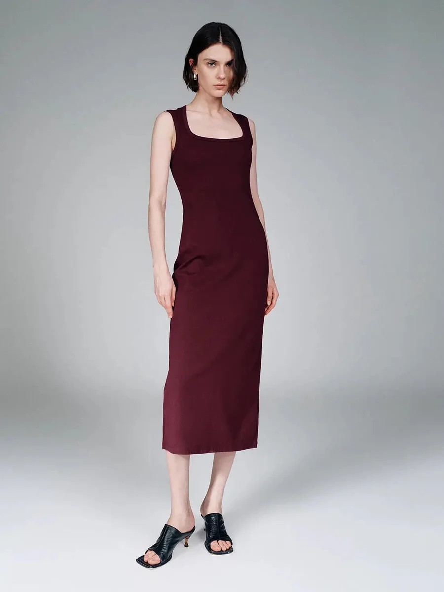 Cotton Blend U-Neck Sleeveless Skinny-Fit Midi Dress | Urban Revivo