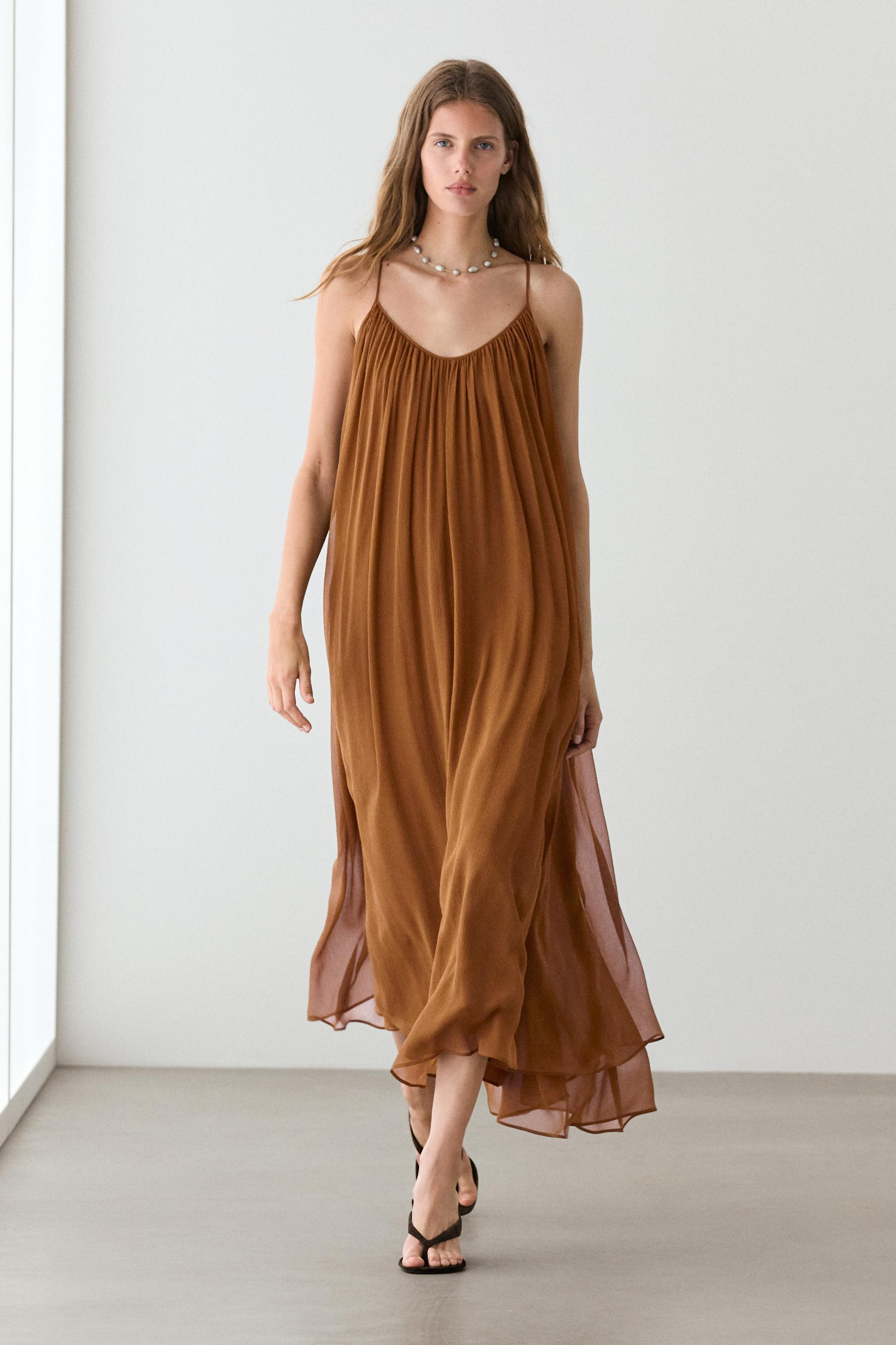 VIEW LOOK
100% silk gathered midi dress

 £169  -40% * £99.95  Colour:  Mole Brown  Add to bask... | Massimo Dutti UK