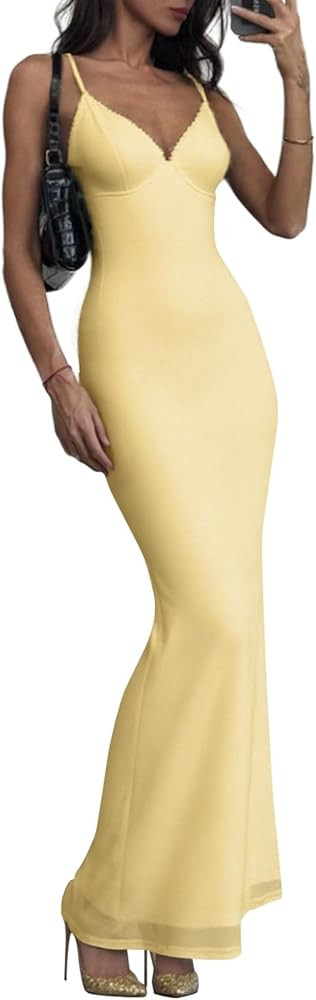 Women Sexy Spaghetti Strap Maxi Dress V Neck Lace Trim Mesh Night Club Party Bodycon Long Dress | Amazon (US)