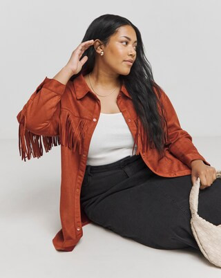 Tan Fringed Suedette Shacket | Simply Be (UK)