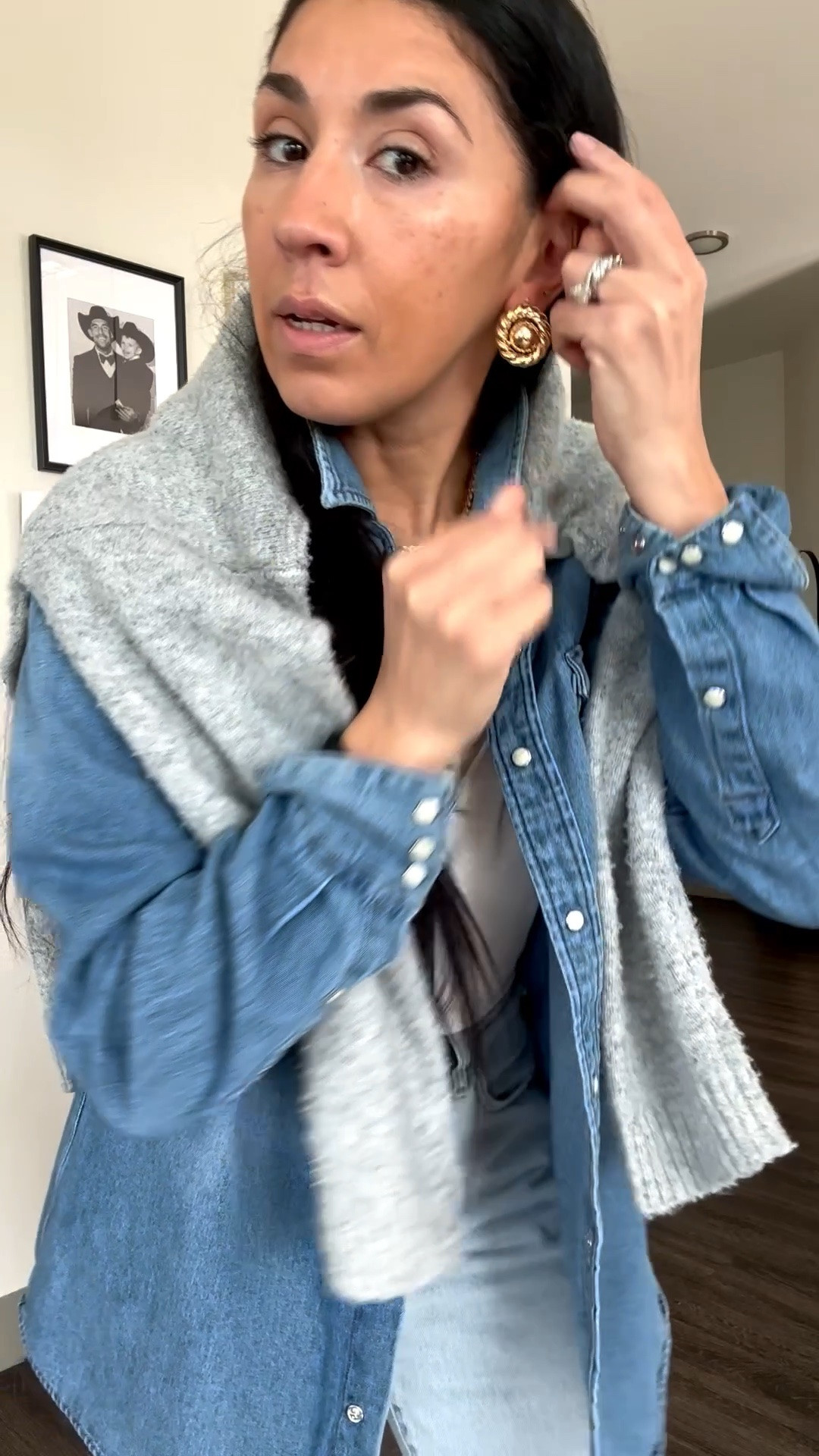 Turns out a sweater over the shoulders does a lot of the work. Denim on denim, The Row inspired slip-ons I found for less (retail $1,020. Mine $46), plus tarnish free jewelry. 