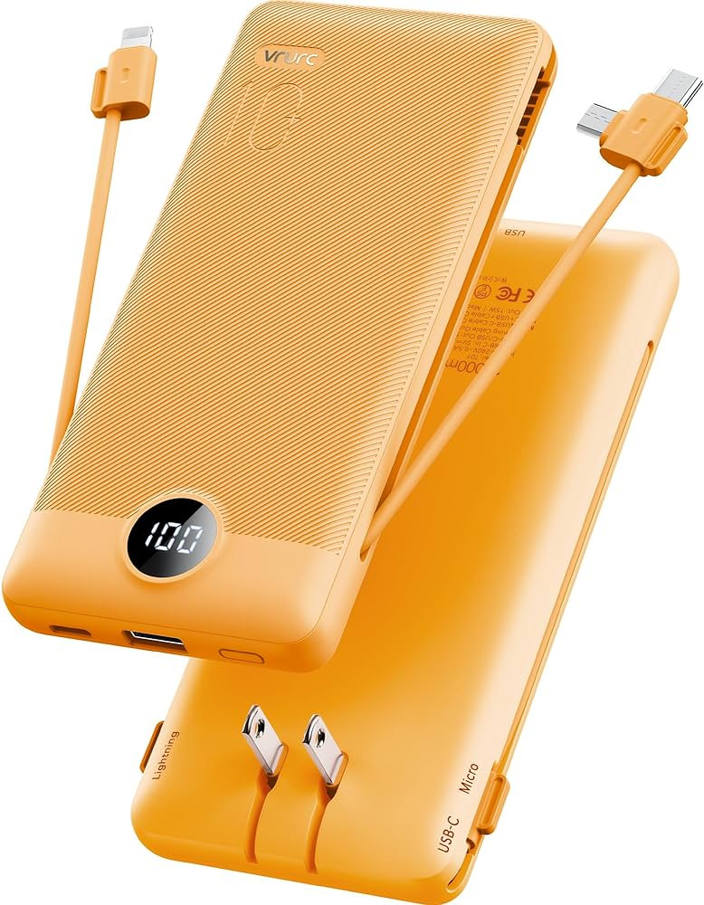 Portable Charger Built-in Cables and AC Wall Plug, VRURC USB C Power Bank 10000mAh, [2023 Upgrade... | Amazon (US)