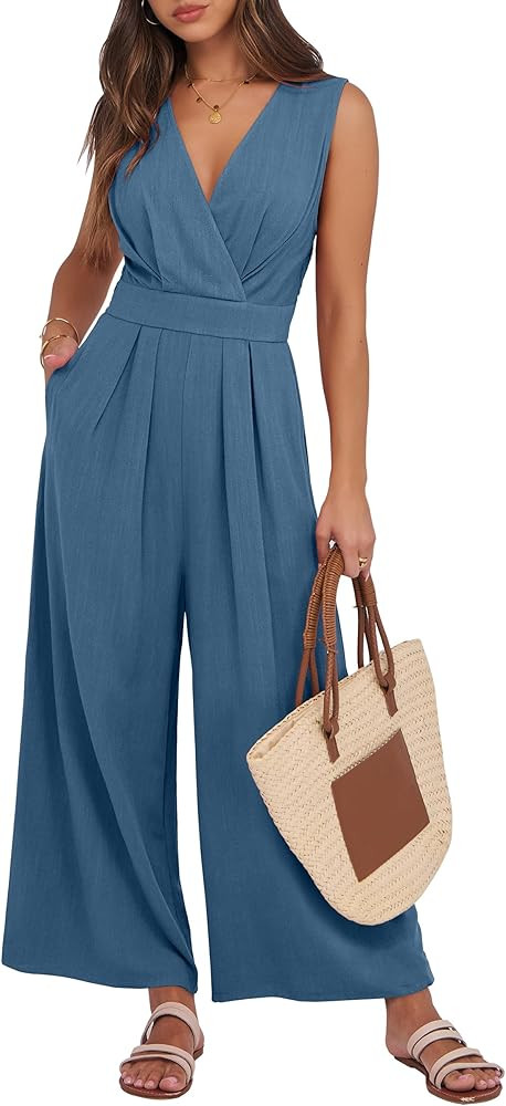 ANRABESS Women Jumpsuits Sleeveless V Neck Elegant Dressy Casual Backless One Piece Pants Romper ... | Amazon (US)
