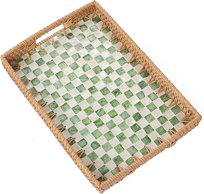 Rectangle Rattan Tray with Mother of Pearl Inlay, Rattan Serving Tray with Handle for Coffee, Bre... | Amazon (US)