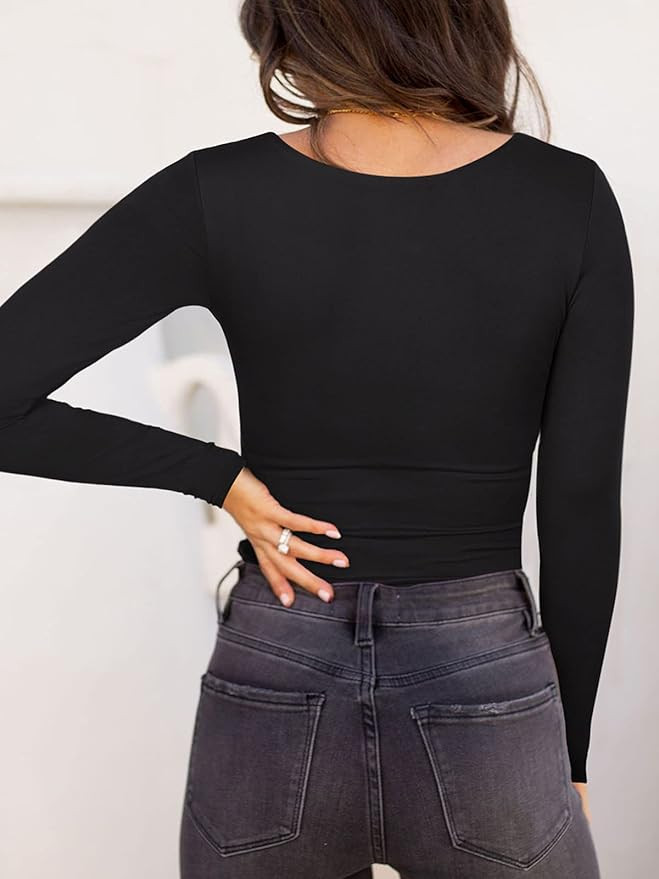REORIA Womens Basic Sexy Square Neck Double Lined Long Sleeve Bodysuit Tops Jumpsuits | Amazon (US)