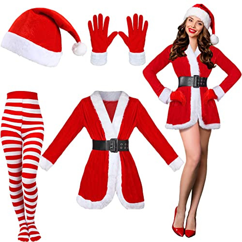 Funtery 5 Pcs Santa Claus Costume Women Christmas Suit Including Velvet Dress with Belt, Hat, Striped Tights, Velvet Gloves | Amazon (US)