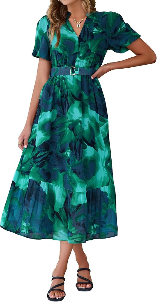 Simplee Womens Summer Boho Floral Midi Dress Casual Beach Wedding Guest Chiffon A Line Belted Lon... | Amazon (US)