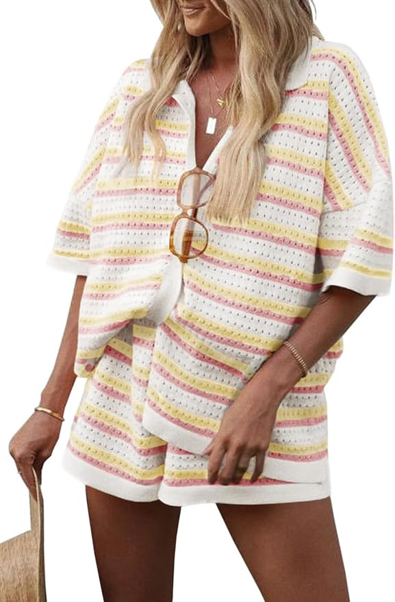 Saodimallsu Womens Striped Pajama Sets Short Sleeve Color Block Crochet Knit Button Top and Short... | Amazon (US)