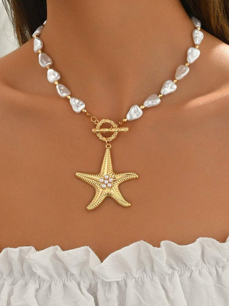 1pc Bohemian Beach Seaside Holiday Starfish Pendant Pearl Necklace, Simple Jewelry Accessory For ... | SHEIN
