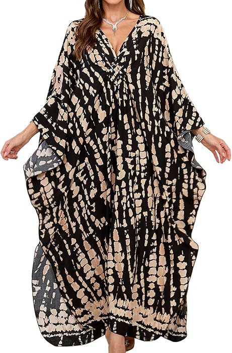 Women Kaftan Dresses Plus Size V-Neck Batwing Sleeves Beach Cover Up Summer Floral Print Caftan D... | Amazon (US)