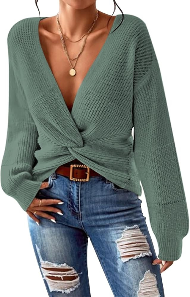 Pink Queen Women's 2024 Casual Pullover Sweaters Sexy V Neck Long Sleeve Twsit Knot Cropped Knit ... | Amazon (US)