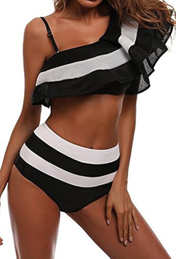 Bong Buy Women's One Shoulder Ruffle Flounce Stripe High Waisted Mesh Bikini Swimsuit | Amazon (US)