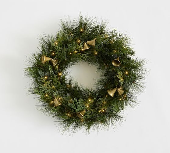 Faux Lit Mixed Greens Wreath & Garland With Bells | Pottery Barn (US)