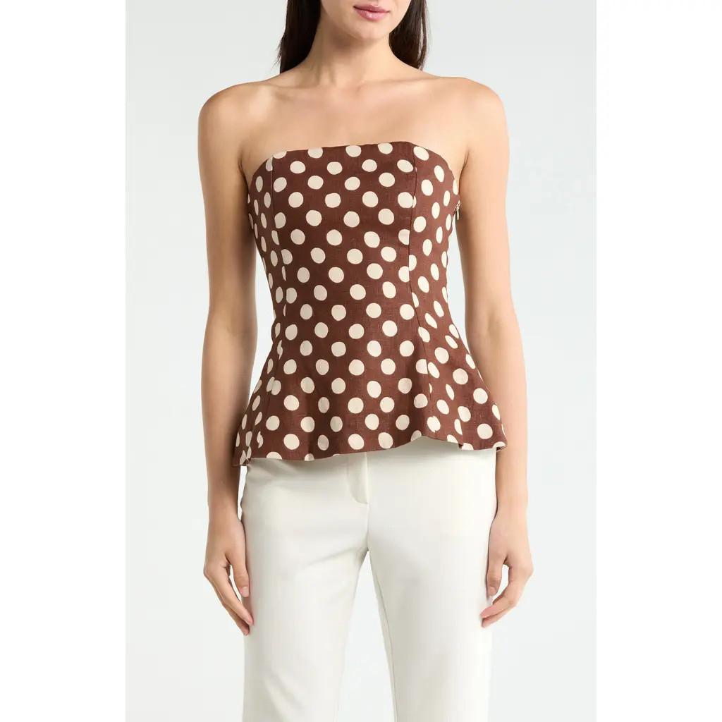 Faithfull the Brand Petro Polka Dot Strapless Linen Peplum Top in Cioccolato Dot at Nordstrom, Size Small | Nordstrom