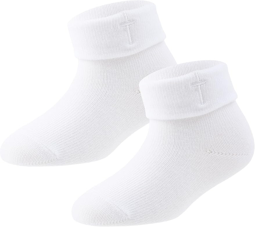Newborn Baptism Socks Infant Ankle Crew Socks White Turn cuff Christening Cotton Socks for Baby B... | Amazon (US)
