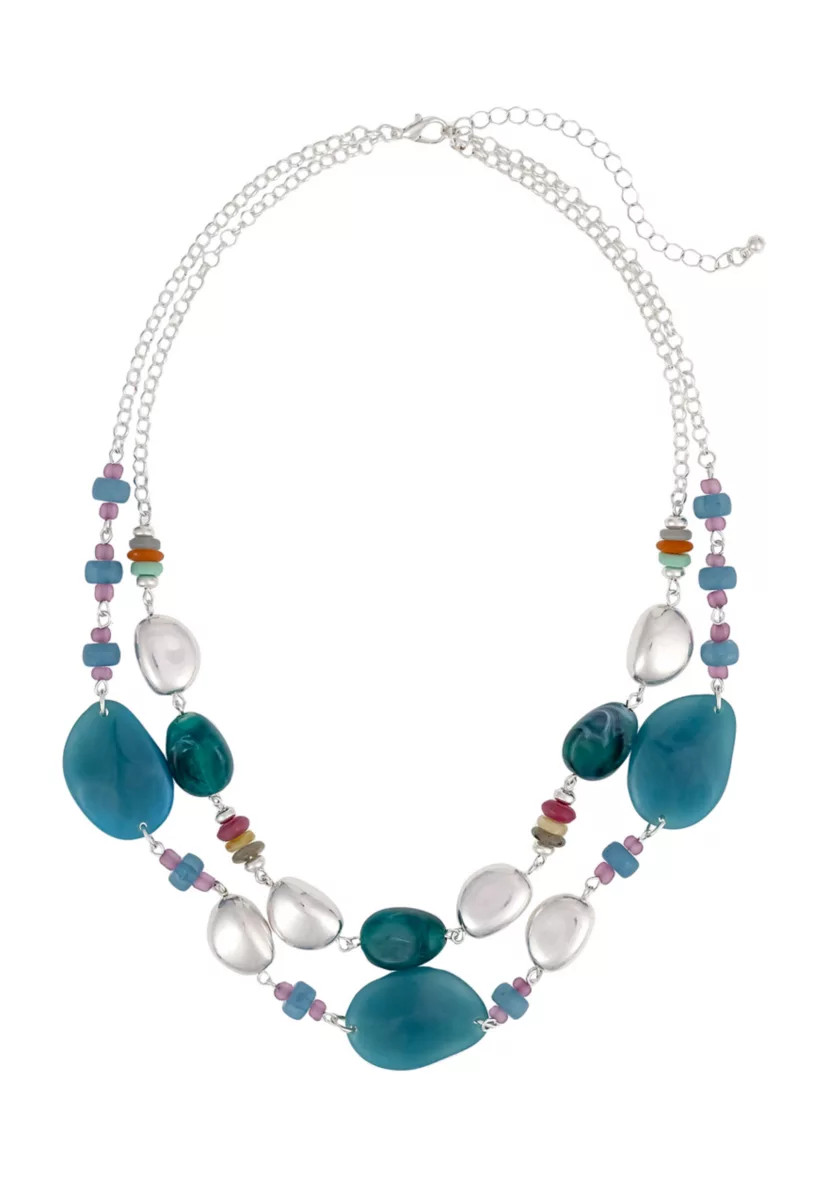 Silver Tone Short 2 Row Multicolored Beaded Necklace | Belk
