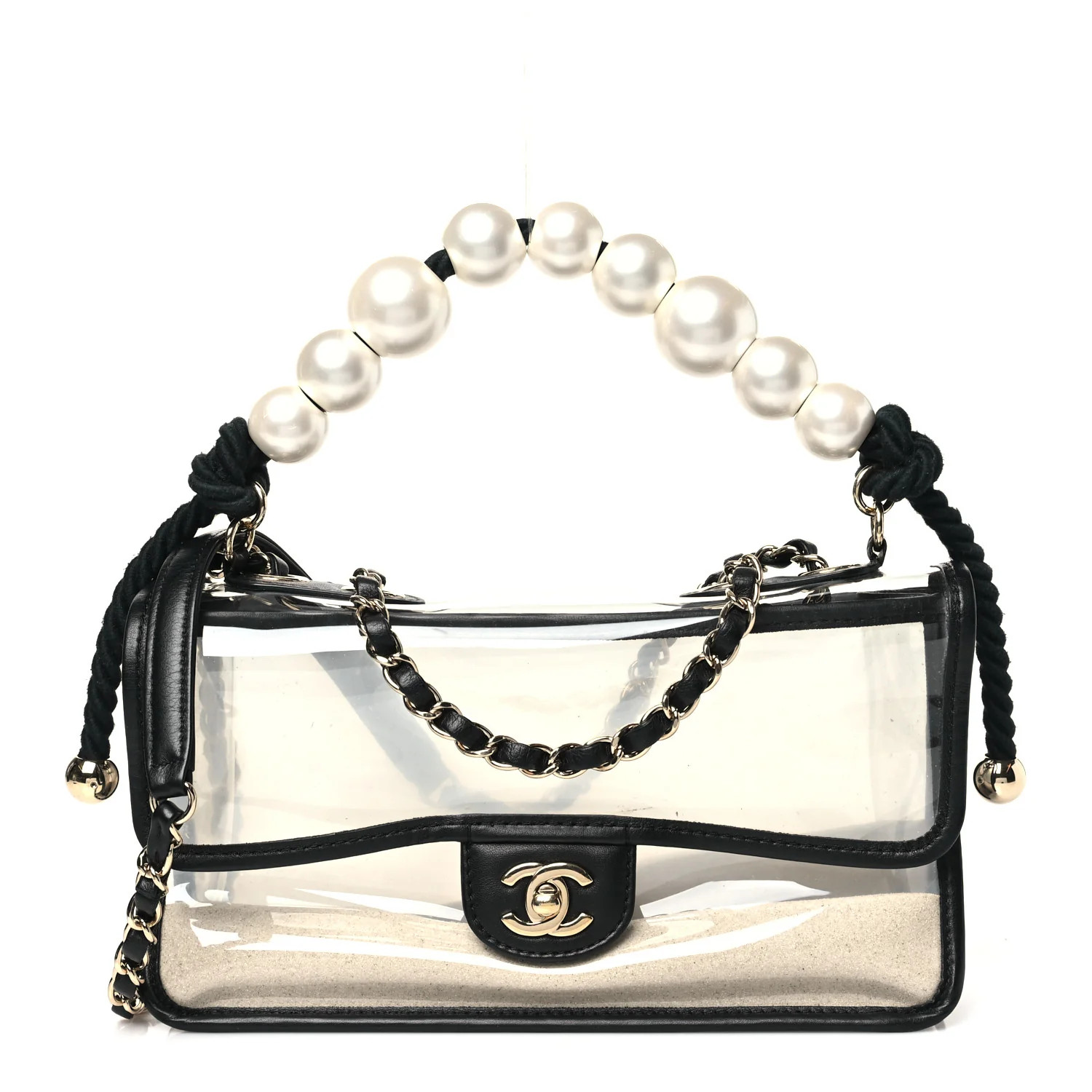 Lambskin PVC Sand By The Sea Flap With Pearl Strap Black | FASHIONPHILE (US)