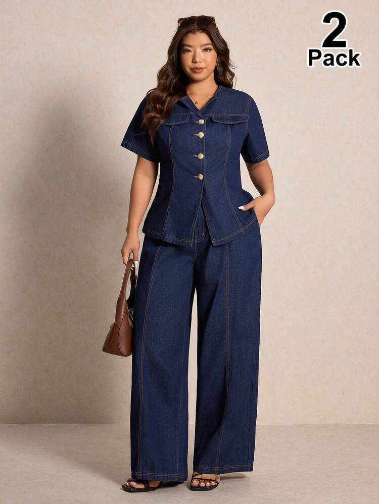 Elaquor Plus Size Dark Wash Denim Casual Short Sleeve Lapel Blouse And Long Pants Two-Piece Outfit With Pockets | SHEIN
