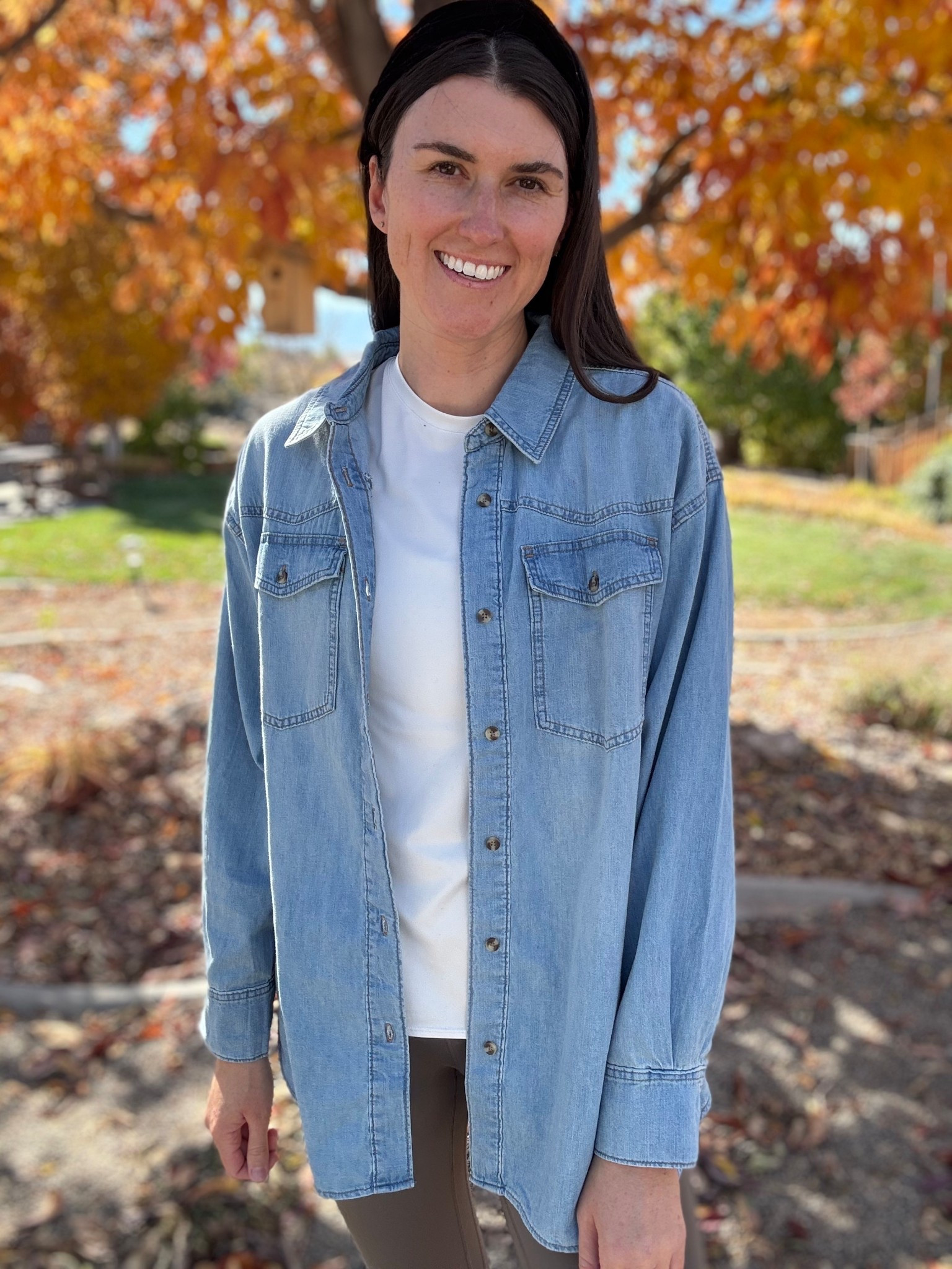 Loving these denim button down tops!! $25. Wearing the light blue in a medium. 

#LTKSeasonal #LTKOver40 #LTKTall