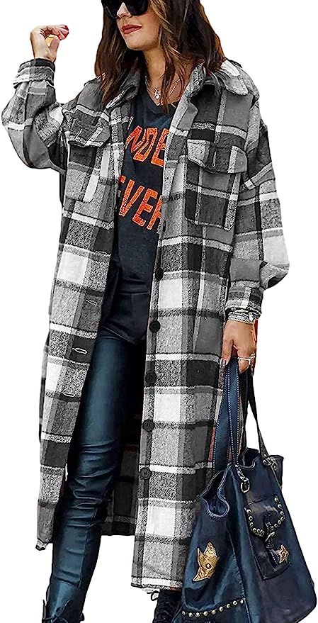 Peaceglad Women's Lounge Lapel Button Up Long Sleeve Plaid Long Shirt Jacket Shacket(Gray,S) at A... | Amazon (US)