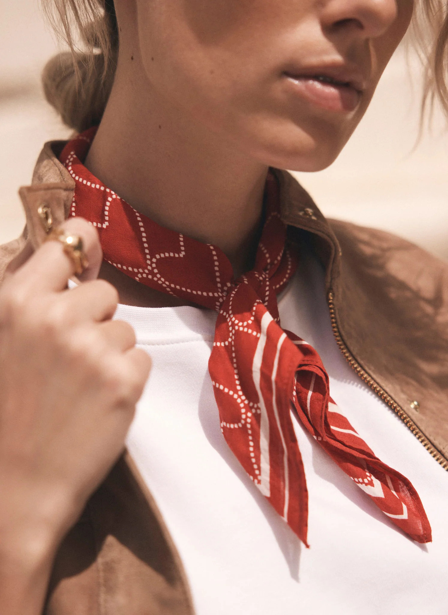 Red Cotton Heart Print Square Neck Scarf | Mint Velvet