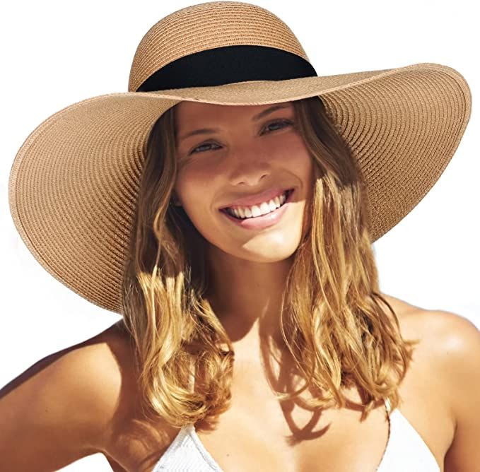 Womens Sun Straw Hat Wide Brim UPF 50 Summer Hat Foldable Roll up Floppy Beach Hats for Women | Amazon (US)