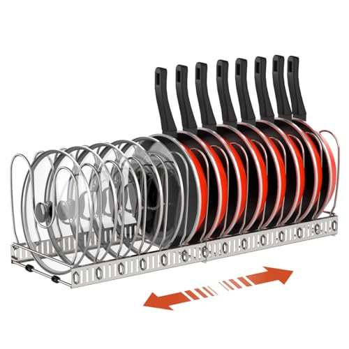 Housolution Pot and Pan Organizer Rack for Cabinet, Stainless Steel Expandable Pot Lid Organizer with 14 Adjustable Dividers, Pot and Pan Holder Rack Storage Organizer for Kitchen, Silver | Amazon (US)