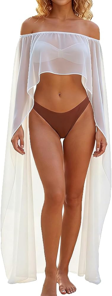 Mesh Sheer Off Shoulder Scarf Shawls and Wraps for Women Chiffon Capes Wedding Sarong Cover Ups | Amazon (US)