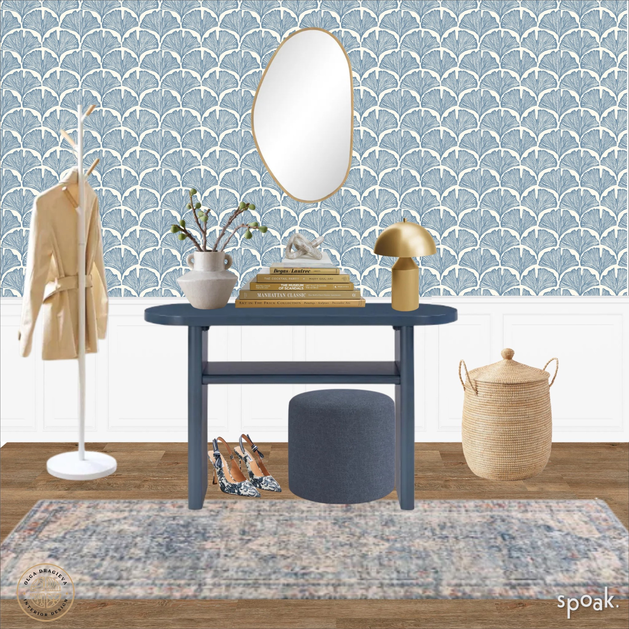 Beautiful entryway, blue console table, blue pour, floral wallpaper, vintage style rug, golden mirror and table lamp, neutral and organic vase, coat rack. #homedecor #moodboard 

#LTKSeasonal #LTKHome #LTKFamily