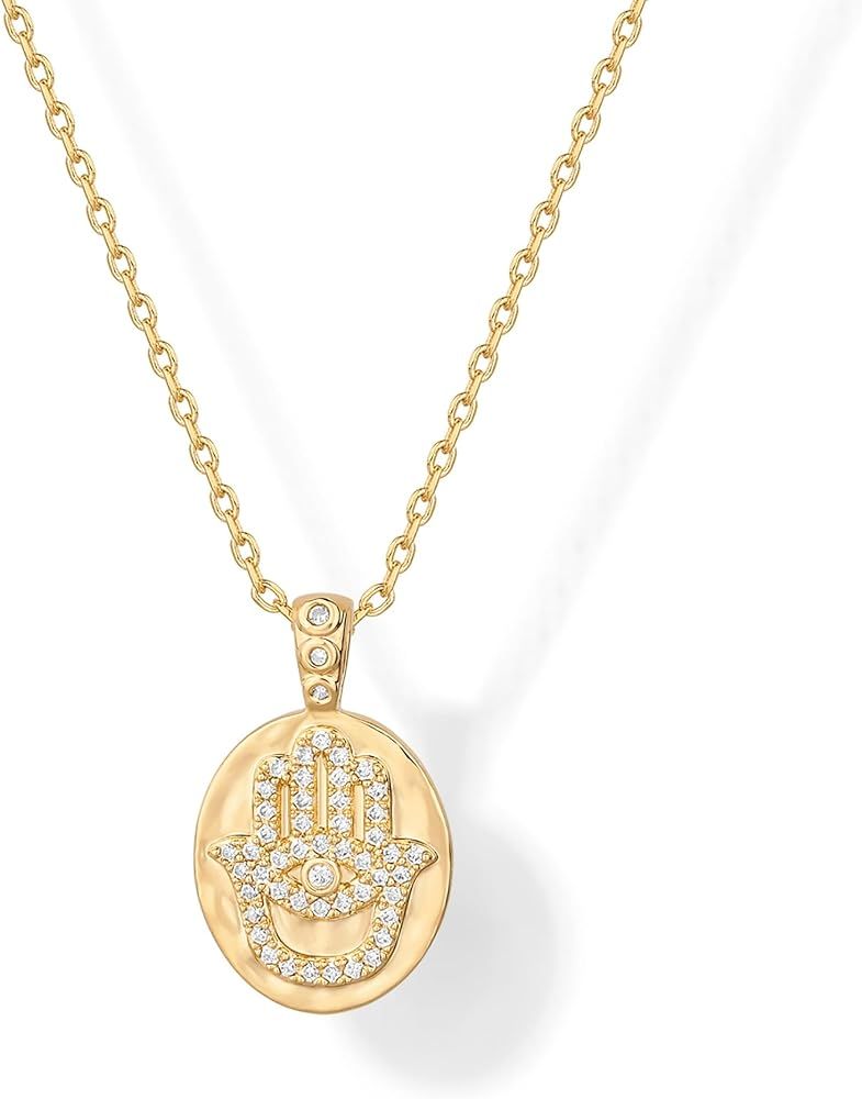 PAVOI 14K Gold Plated Engraved Hammered Oval Coin Pendant Necklace for Women | Hamsa Stars Bohemi... | Amazon (US)