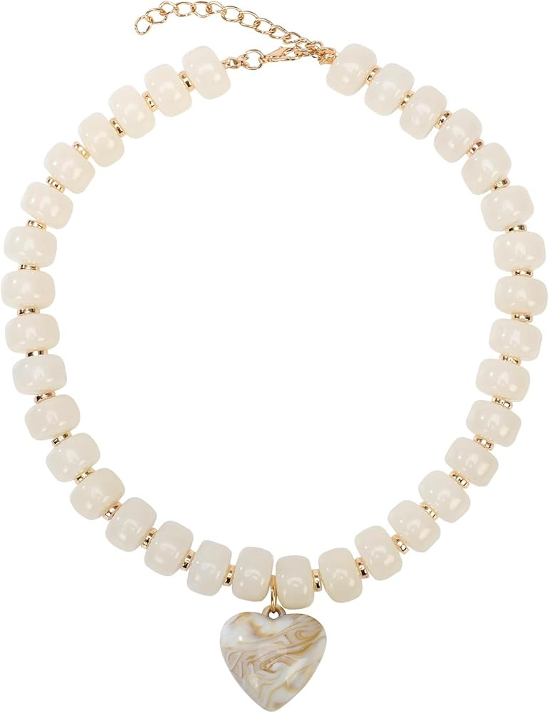 Chunky Colorful Beaded Statement Boho Summer Beach Chokers Necklace Heart Pendant Pink Green Yell... | Amazon (US)