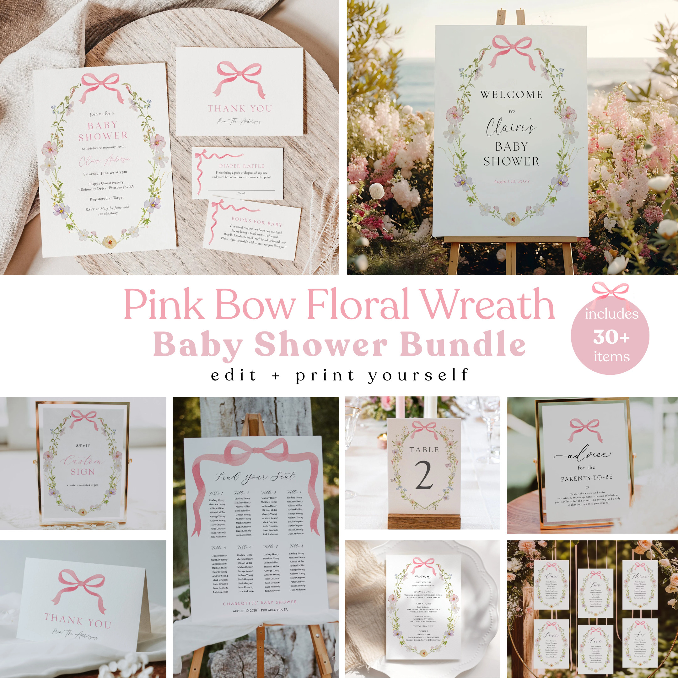 Planning a baby shower? 🌸
This Pink Bow Floral Wreath Baby Shower Bundle features romantic florals, delicate pink bows, and coordinated signage + paper goods for a polished, cohesive event.
Instant download • Edit + print yourself • 30+ items included 

 #LTKBaby #LTKBump