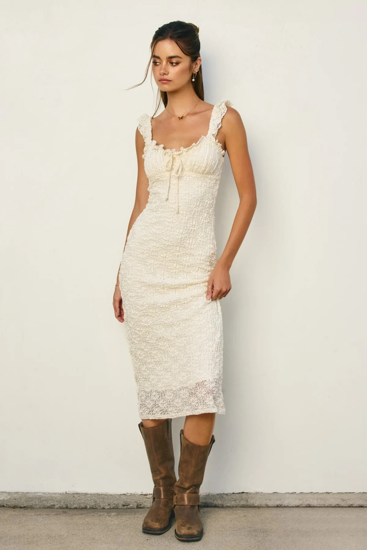 Cream Lace Ruffle Accent Sleeveless Midi Dress | PinkBlush Maternity