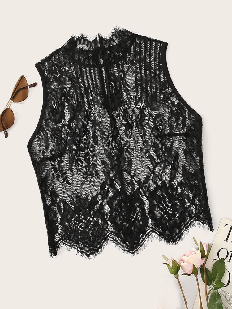 Mock Neck Sheer Lace Overlay Top | SHEIN