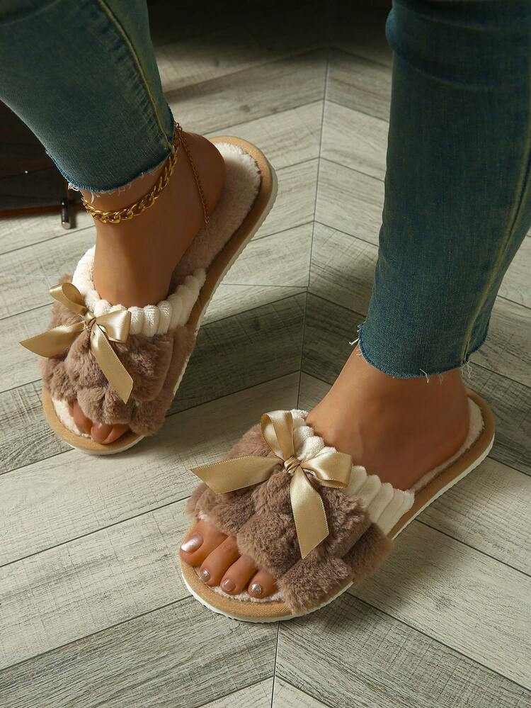 Women Rabbit Fur Bow Design Slip-On Slippers, Comfortable Open Toe Fluffy House Furry Shoes For Bedroom | SHEIN