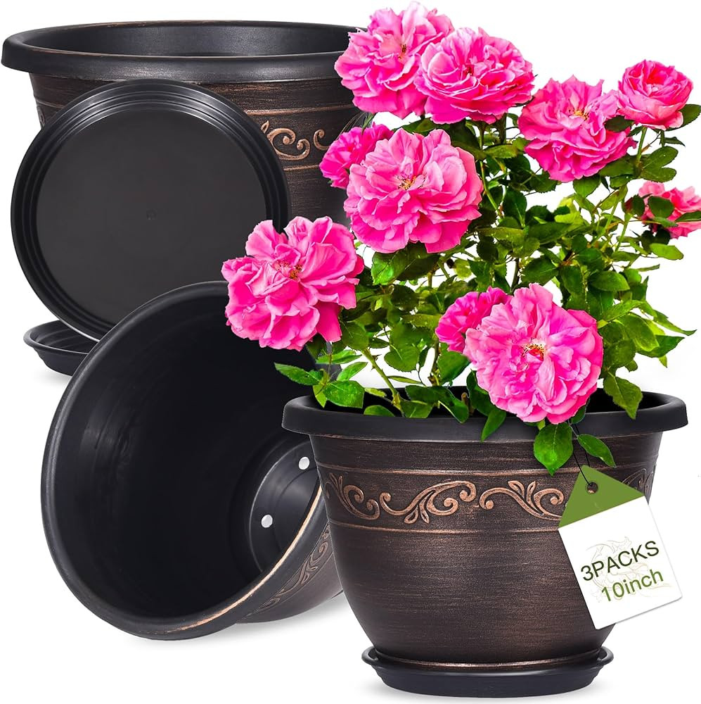 Plastic-Plant-Flower-Planters-10 Inch with Drainage Hole & Saucer, 3 Packs Lightweight Small Resi... | Amazon (US)