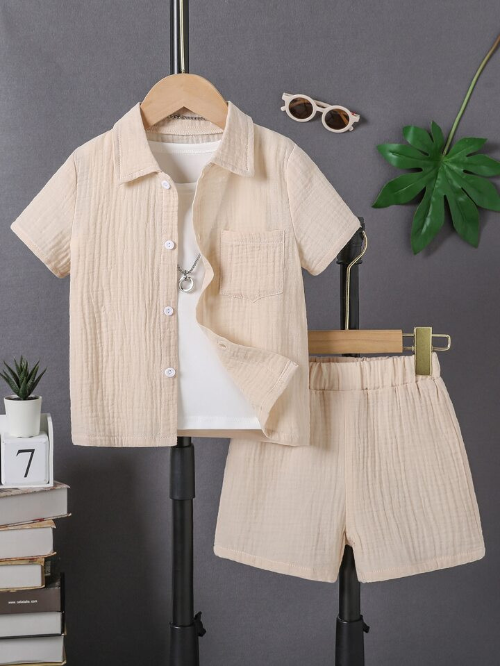 SHEIN Toddler Boys Solid Pocket Patched Shirt & Shorts & Tank Top | SHEIN