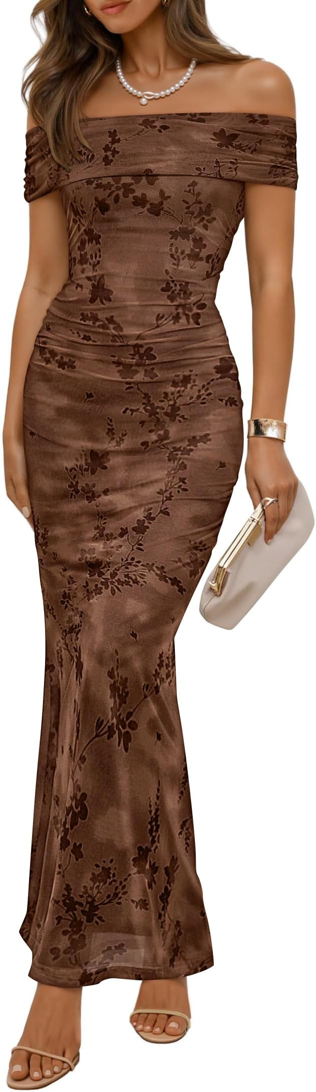 ZESICA Women's Summer Off Shoulder Floral Bodycon Ruched Maxi Formal Dress | Amazon (US)