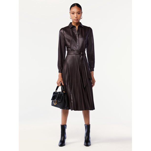 Scoop Women's Faux Leather Pleated Shirtdress - Walmart.com | Walmart (US)