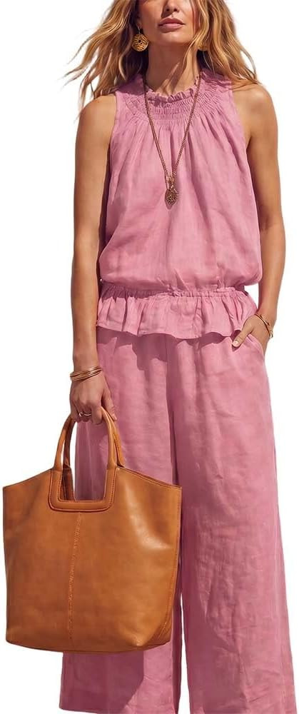Linen Sets for Women 2 Piece Summer Outfits, Sleeveless Two Piece Sets for Women Summer Wide Leg ... | Amazon (US)