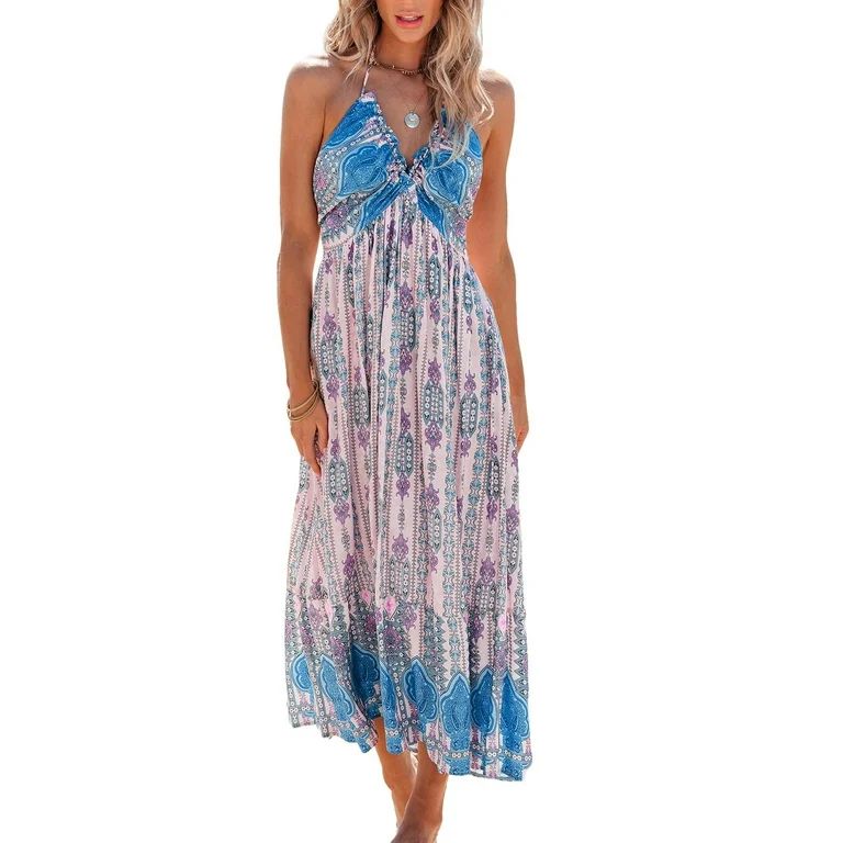 CUPSHE Women's Dress Halter V-neckline Sleeveless Maxi X-shape silhouette Vacation Dress | Walmart (US)