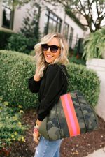 Hello Happiness Camo Striped Neoprene Tote | Social Threads