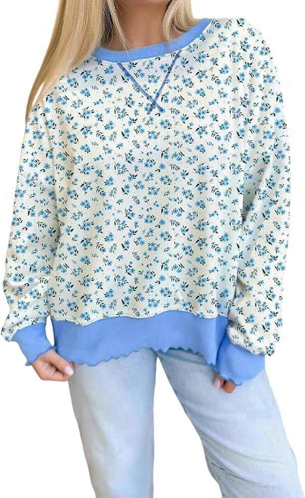LALAGEN Womens Casual Sweatshirt Sky Blue Ditsy Floral Print Color Block Trim Drop Shoulder Sweat... | Amazon (US)