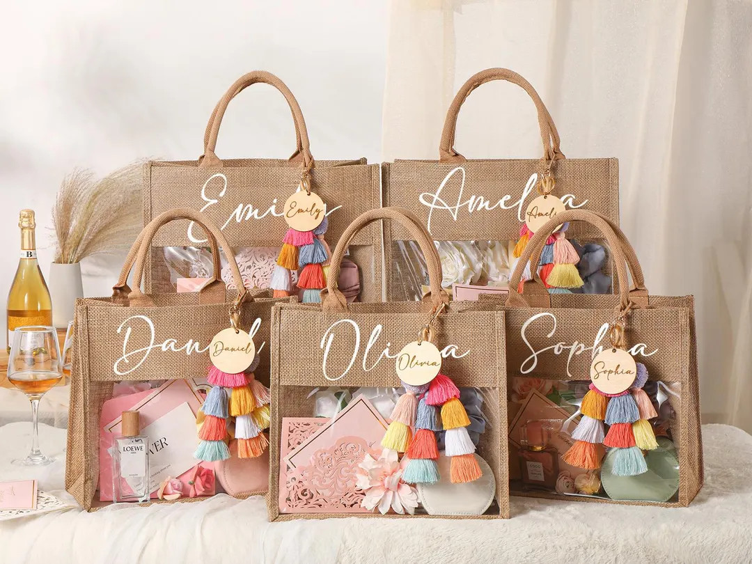 Personalized Bridesmaid Bag,Beach Burlap Bag,Monogram Beach Tote Bag, Bridesmaid Gift Bag,Bachelo... | Etsy (US)