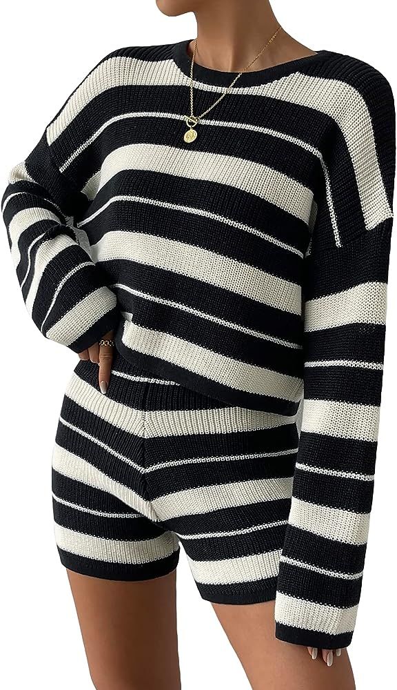 SHENHE Women's 2 Piece Outfits Striped Long Sleeve Sweater and Shorts Casual Knit Set | Amazon (US)