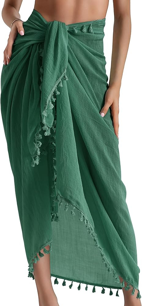 Eicolorte Beach Sarong Pareo Womens Semi-Sheer Swimwear Cover Ups Short Skirt with Tassels | Amazon (US)