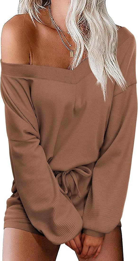 Ekouaer Womens Pajama Set Waffle Knit Lounge Set V Neck Off Shoulder Sleepwear Long Sleeve Top an... | Amazon (US)