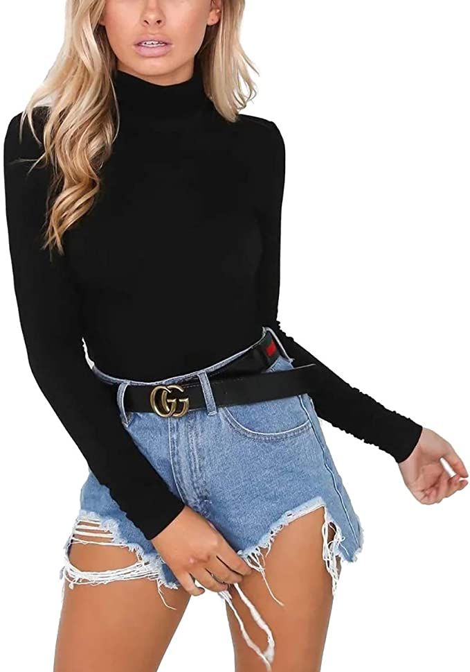 LOVFEE Women Basic Cotton Slim Fit Long Sleeve Soft Turtleneck T Shirt Tops | Amazon (US)