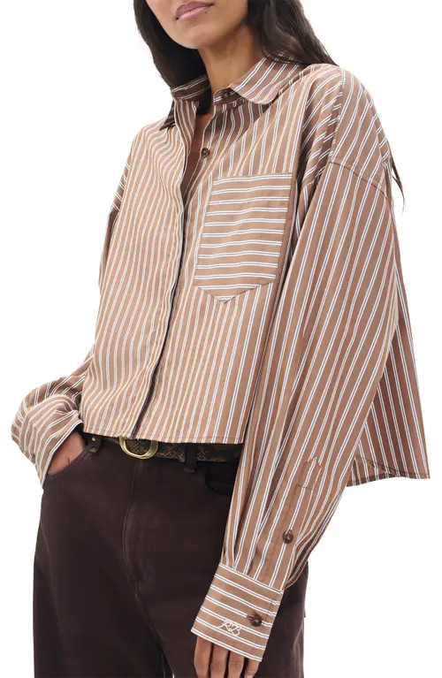 rag & bone Marin Stripe Cotton Crop Button-Up Shirt in Tobacco at Nordstrom, Size Small | Nordstrom